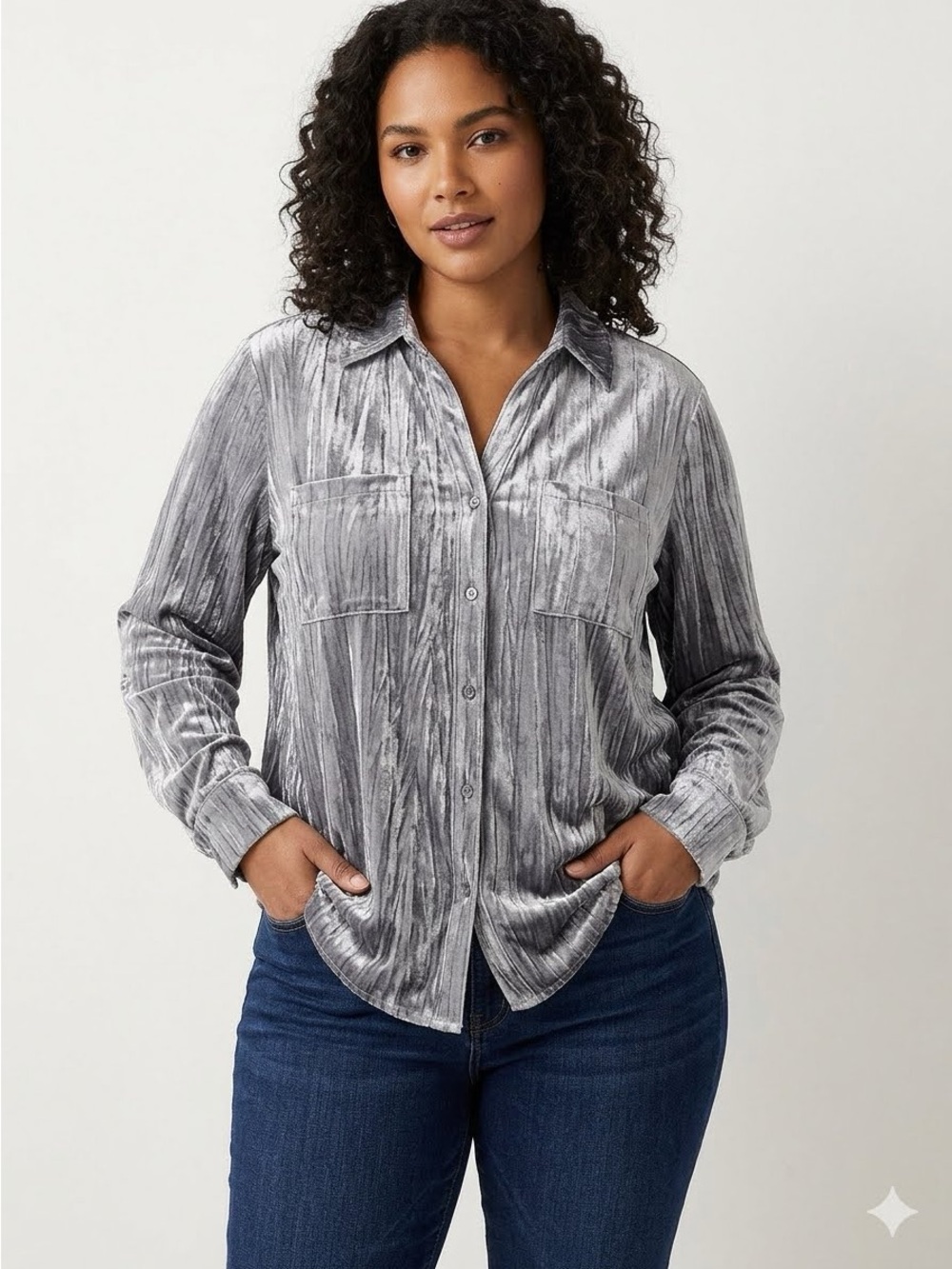 Maurices Silver Crushed Velour Button-Down Shirt Size XL